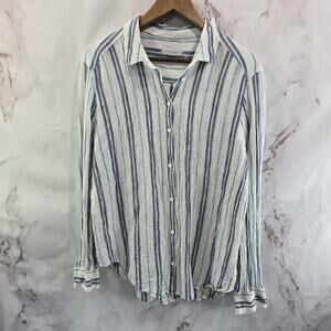 Outerknown Shirt Womens Medium Linen White Blue Striped Button Up Long Sleeve
